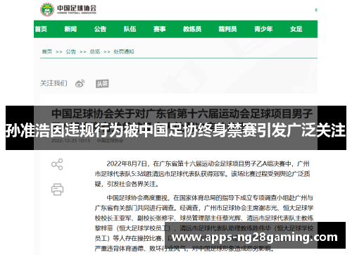 孙准浩因违规行为被中国足协终身禁赛引发广泛关注 孙准浩因违规行为被中国足协终身禁赛引发广泛关注