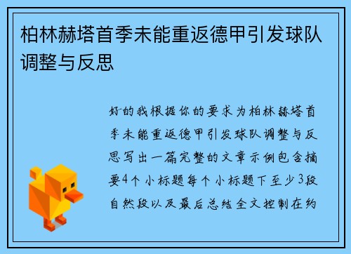 柏林赫塔首季未能重返德甲引发球队调整与反思 柏林赫塔首季未能重返德甲引发球队调整与反思